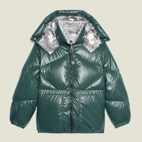 SANDRO Down Puffer Padded Shell Jacket in Bottle Green